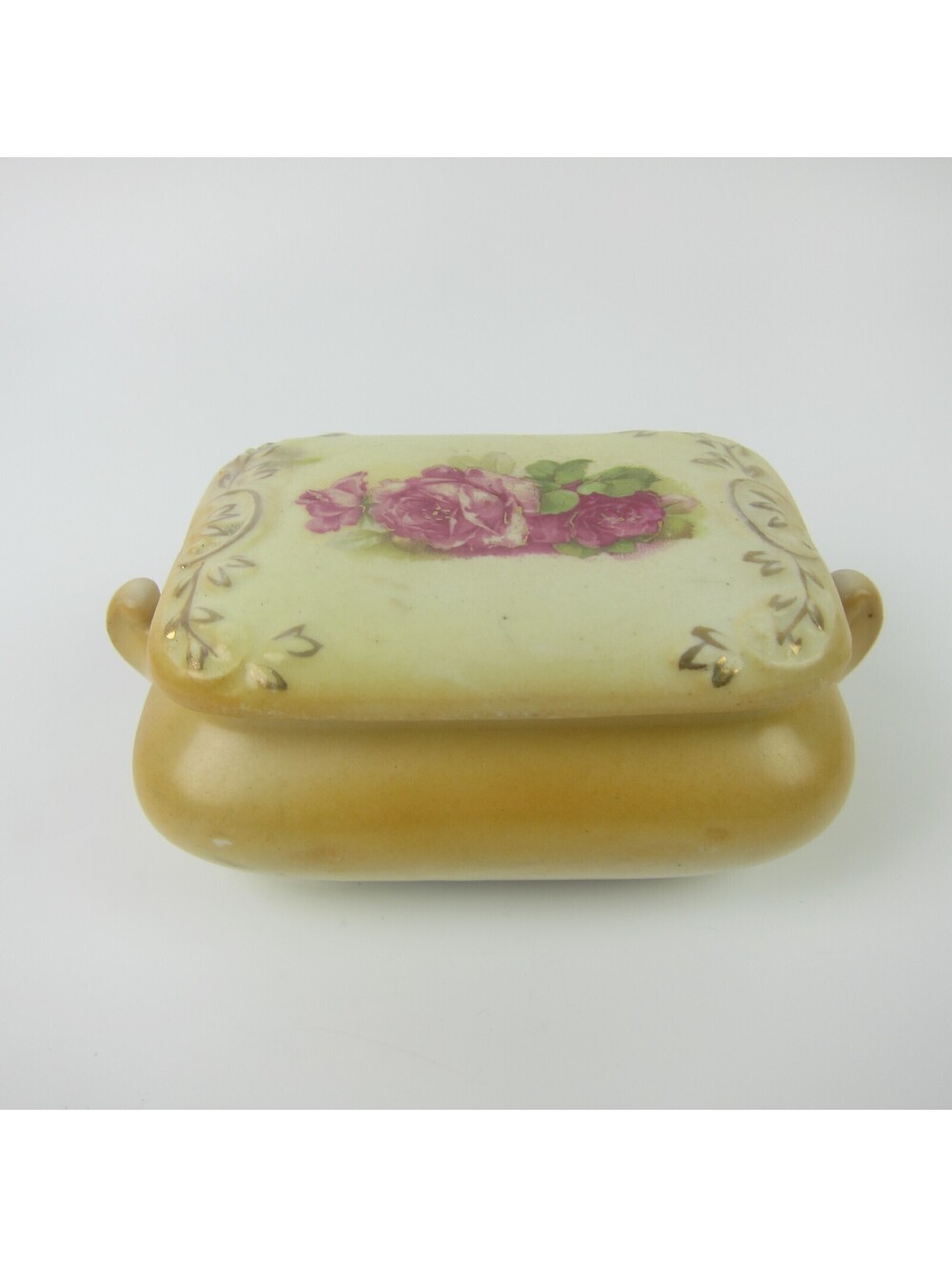 Antique Porcelain Trinket Dish Jewelry Box 5" Rose Flowers Gold Gilt Lid Austria